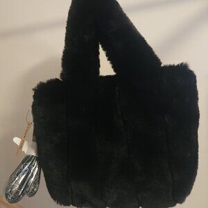 FURRY FINE! AQUA Fur Faux Crossbody BLACK Handbag NWT
